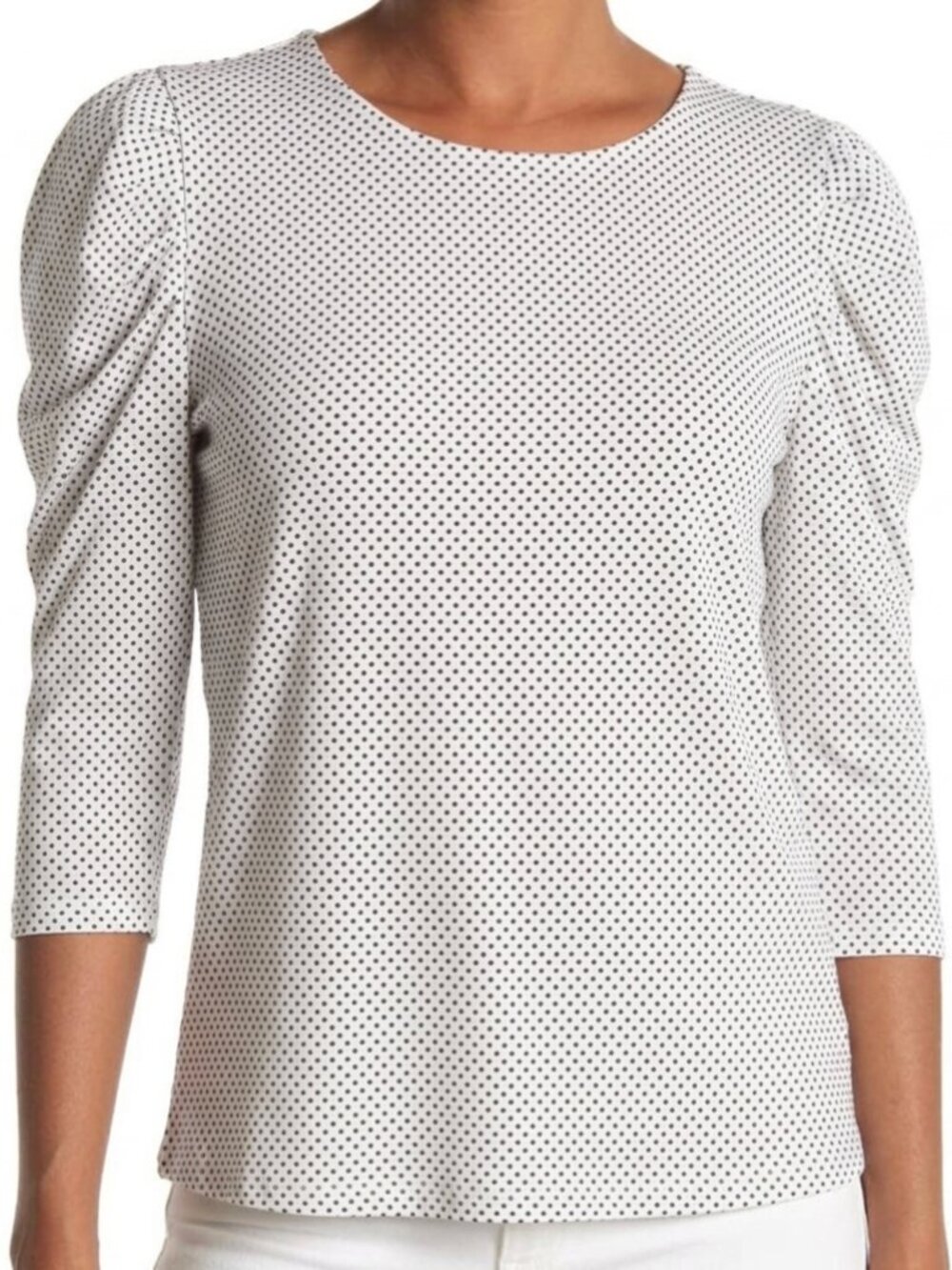 ADRIANNA PAPELL Pleated Sleeve Knit Top White Black Polka Dot Short Sleeve Large